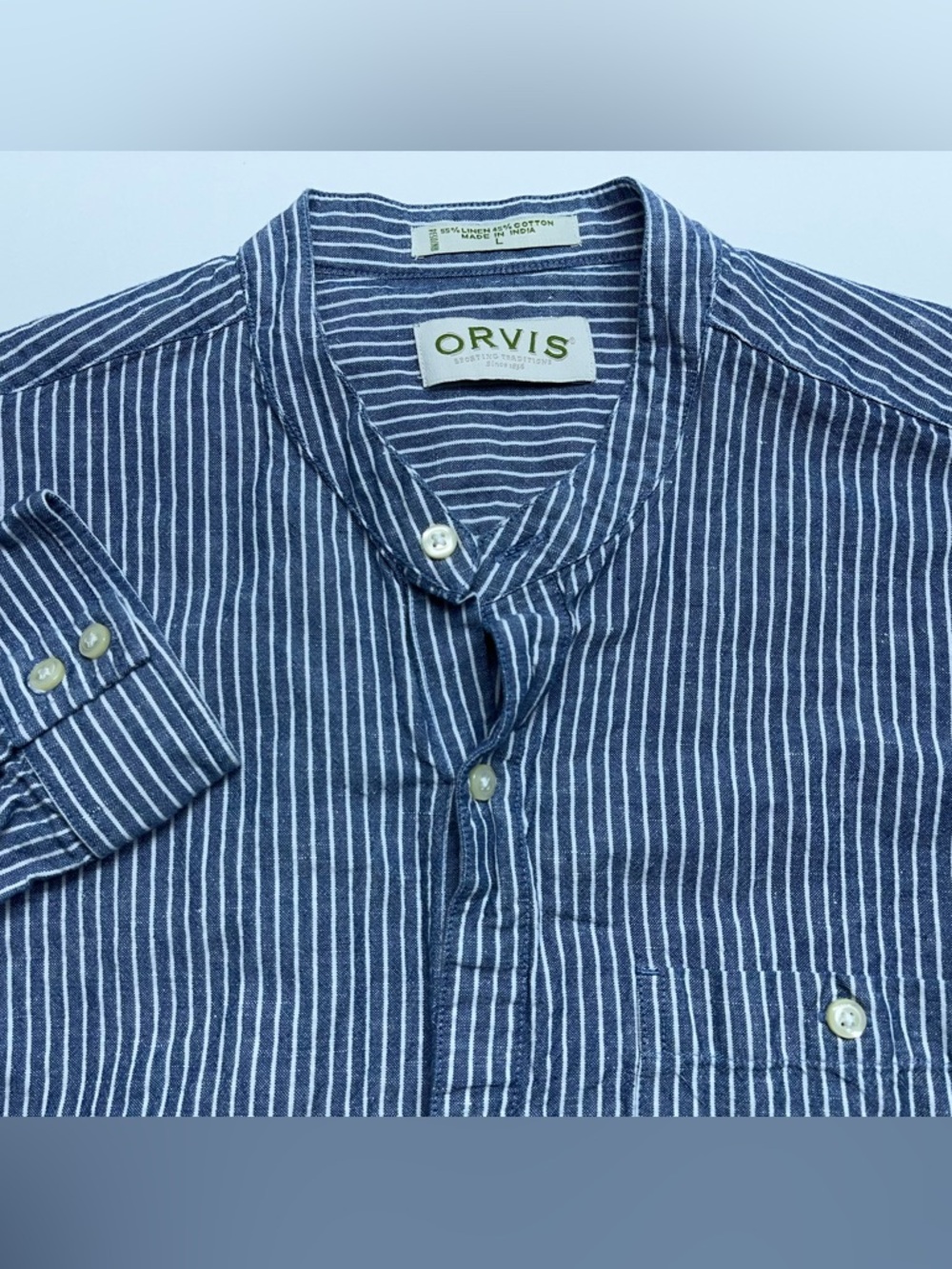 Orvis Frontier Collar Linen Blend Shirt Mens Large Indigo Long Sleeve Button Up